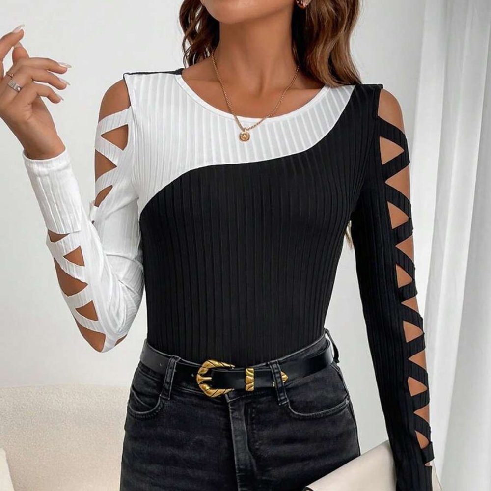 Black and White Two Tone Crisscross Cut Out Tee